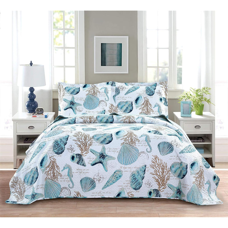 3-Piece Reversible Nautical Theme Bedspread Coverlet King(96X108 Inches),Blue-