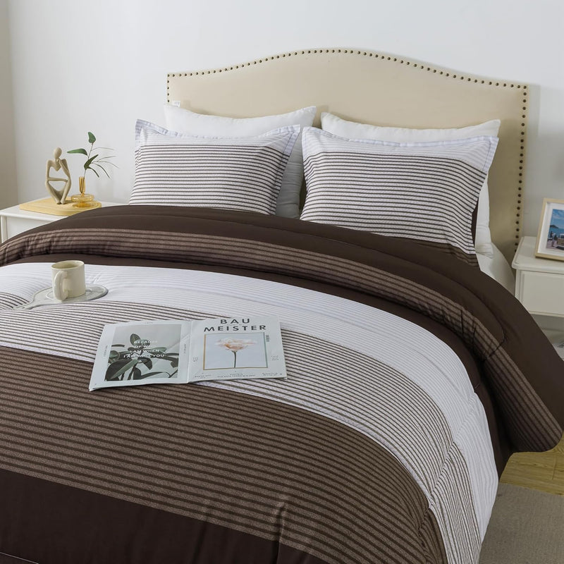 Stripe Comforter Set Full Size (79X90 Inch), 3 Pieces Brown Patchwork Striped