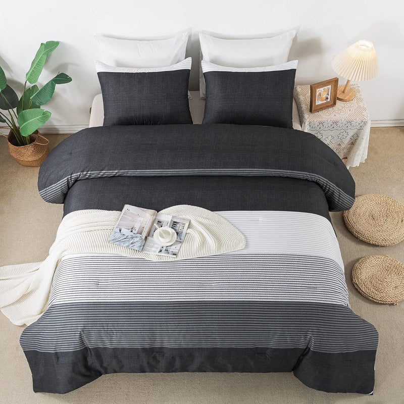 Full Size Comforter Set Black White Grey - 3 Pieces Lightweight Bedding Set Fo