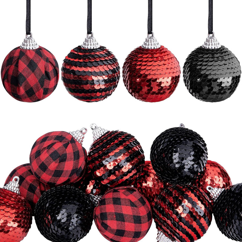 12Pcs Black And Red Sequin Balls ,1.96" Christmas Buffalo Plaid Hanging Balls,