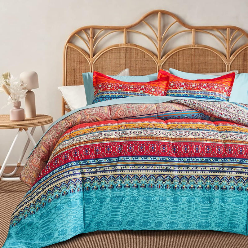 Boho Striped Bed In A Bag 7 Pieces Queen Size, Colorful Bohemian Tribal Teal B