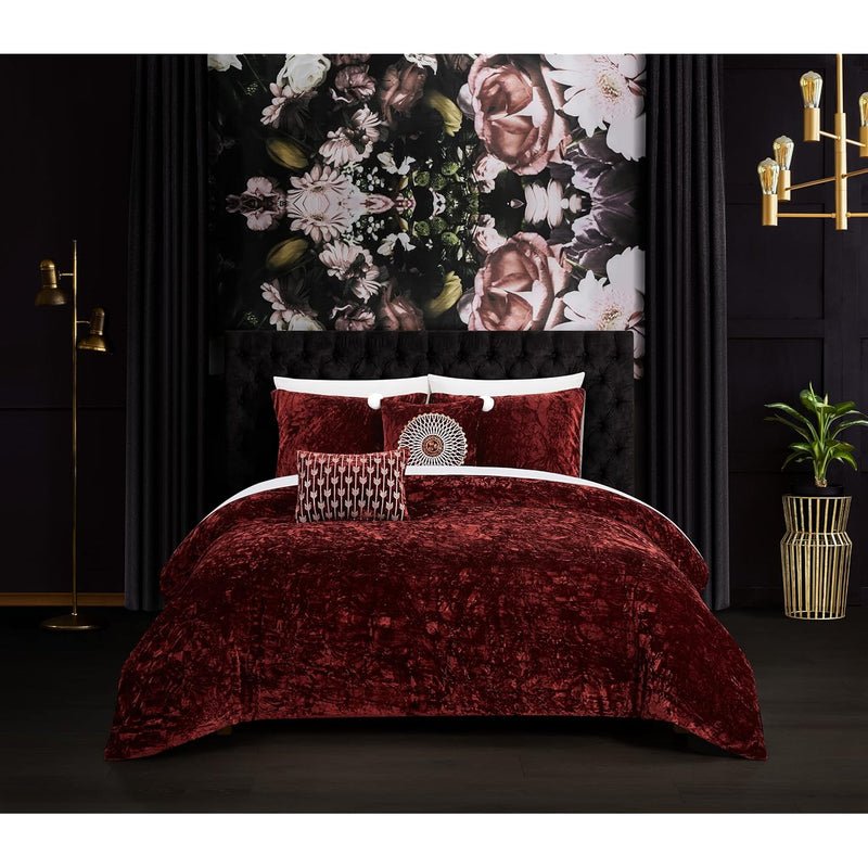 Alianna 5 Piece Comforter Set Crinkle Crushed Velvet Bedding - Decorative Pill