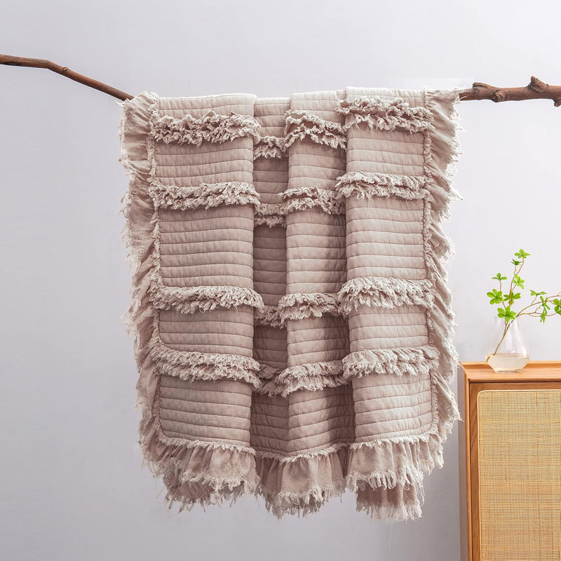 Ultra Soft Pre-Washed Quilted Throw Blanket, Ruffle Fringed Dusty Rose Pink De