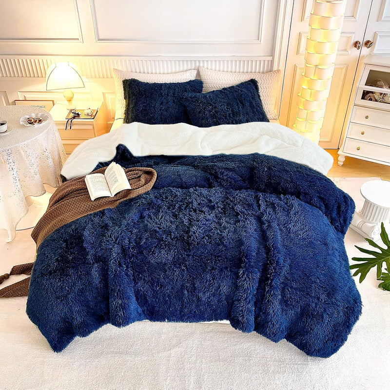 Navy Faux Fur Comforter Set King 3 Pieces - 1 Shaggy Comforter 104 X 90 With 2