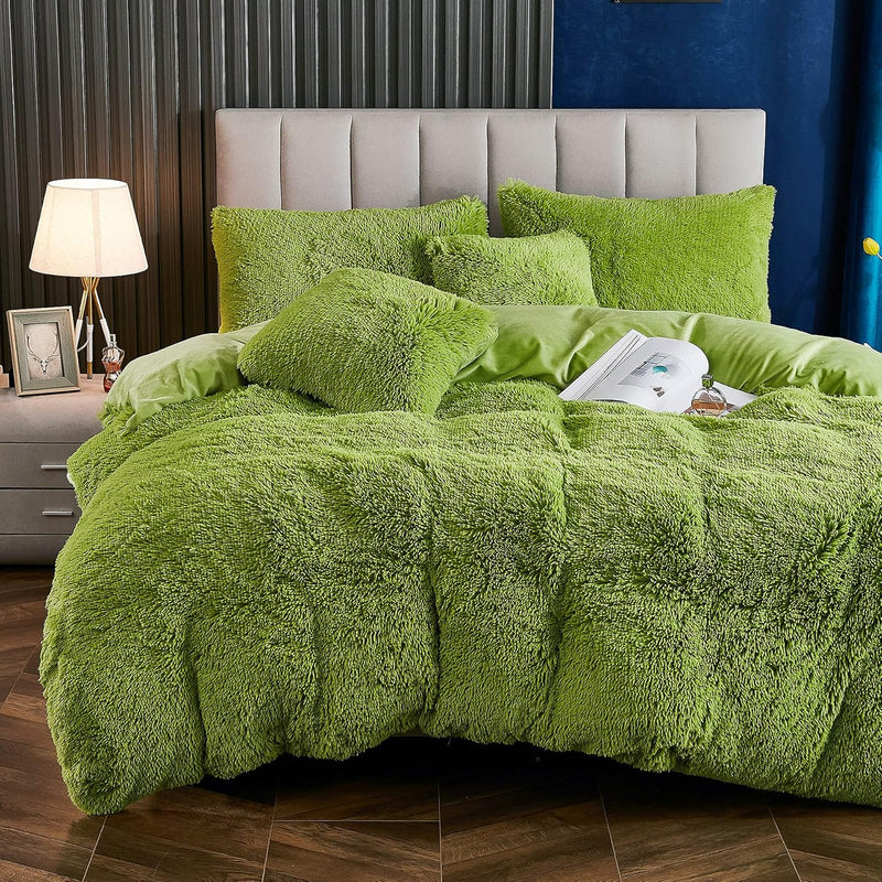 Plush Fluffy Duvet Cover Queen Size Luxury Ultra Soft Shaggy Duvet Cover Set F