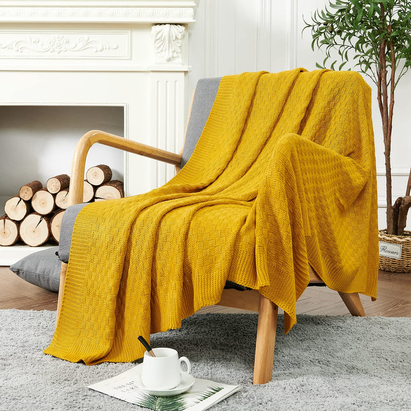 Cable Knit Checkered Throw Blanket Mustard Yellow Sweater Throw Blanket For Co