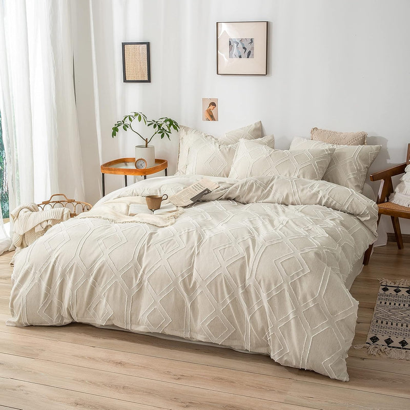 Cream Geometric Comforter Full Size Boho Tufted Comforter For All Season Farmh