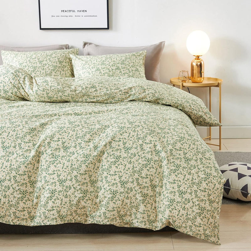 Duvet Cover King Size - 100% Cotton Comforter Cover Floral ,Light Green Duvet