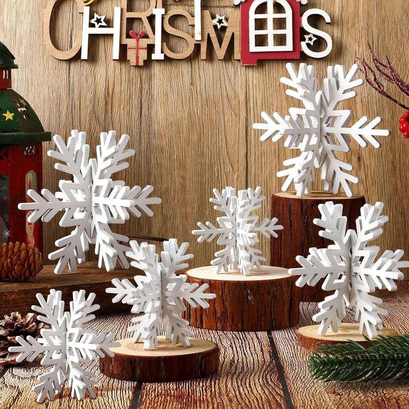 12 Pcs Christmas Wooden Snowflake Decor Winter Snowflake Signs 3D Snowflake Ta