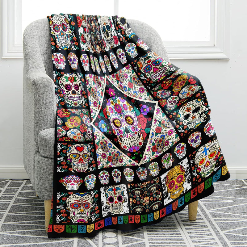 Skull Floral Blanket Gifts For Women Kids Girls Boys Men Halloween Birthday Fo