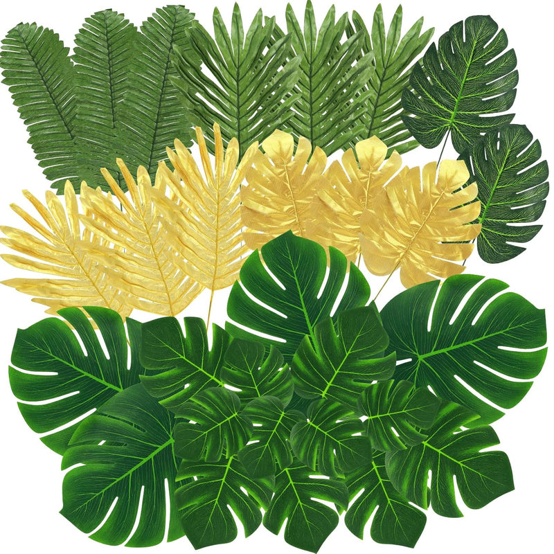 100 Pcs 8 Kinds Artificial Palm Leaves Tropical Fake Leaves, Monstera Leaf Gol