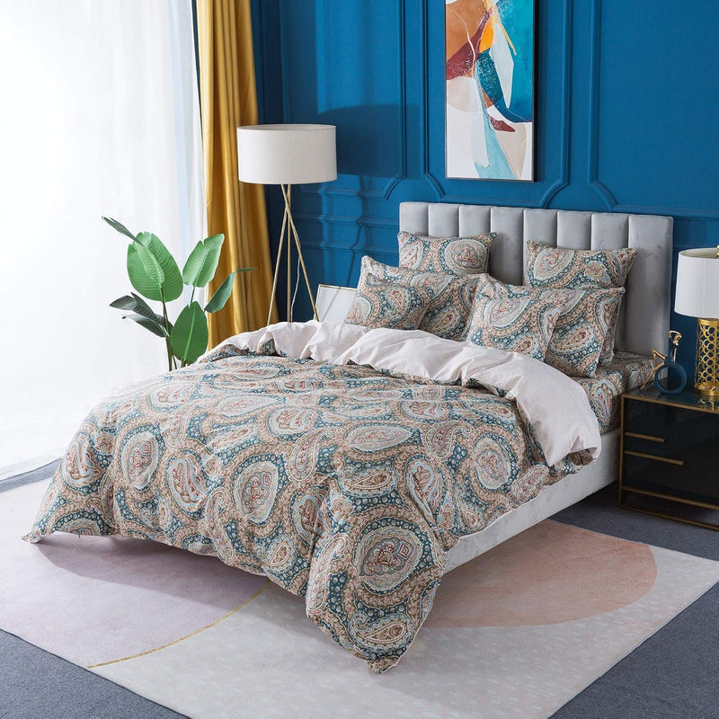 Paisley Duvet Cover Set Twin Xl 100% Cotton Soft Blue And Beige Reversible Pai