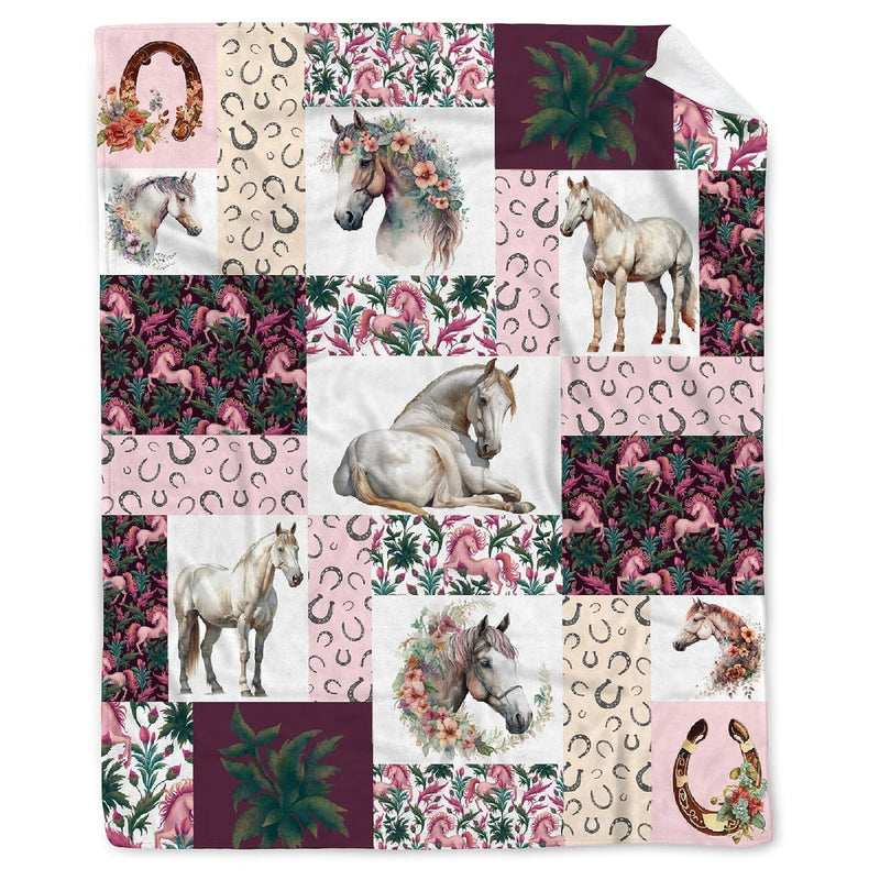 Horse Print Checkered Fleece Flannel Blanket Horse Blanket For Girls Women Hor