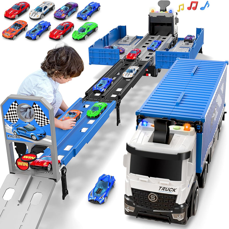Carrier Truck Race Track Toddlers Toys, Foldable 3 Layer Car Race Track Pla