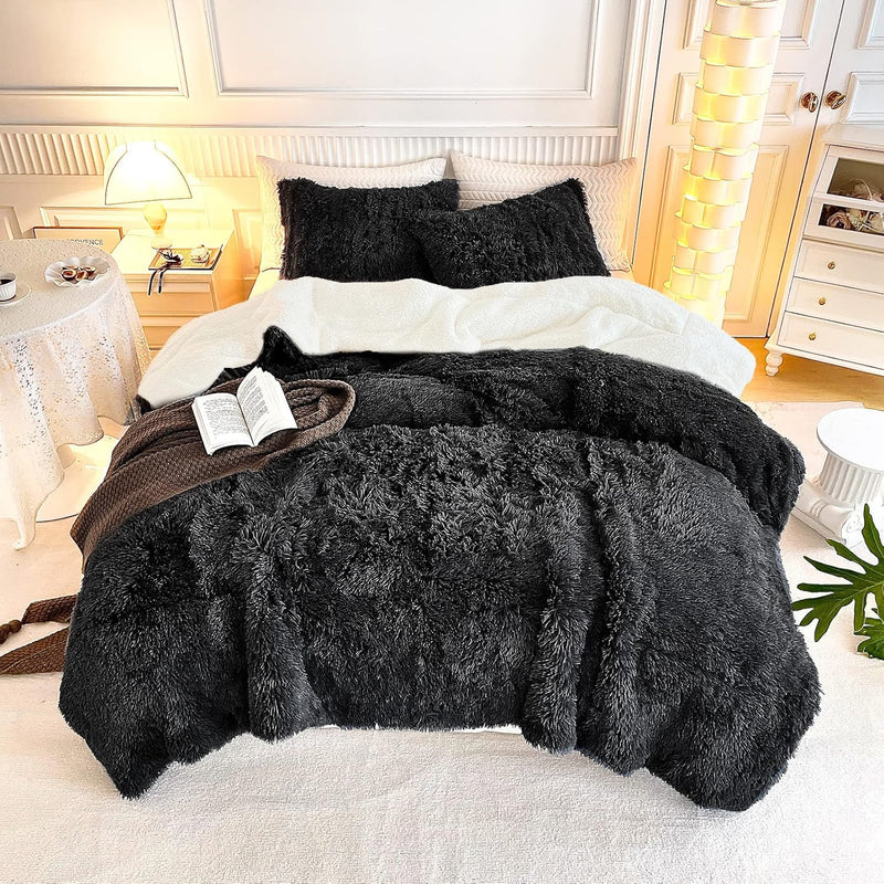 Black Faux Fur Comforter Set Queen 3 Pieces - 1 Black Shaggy Comforter Set 90X