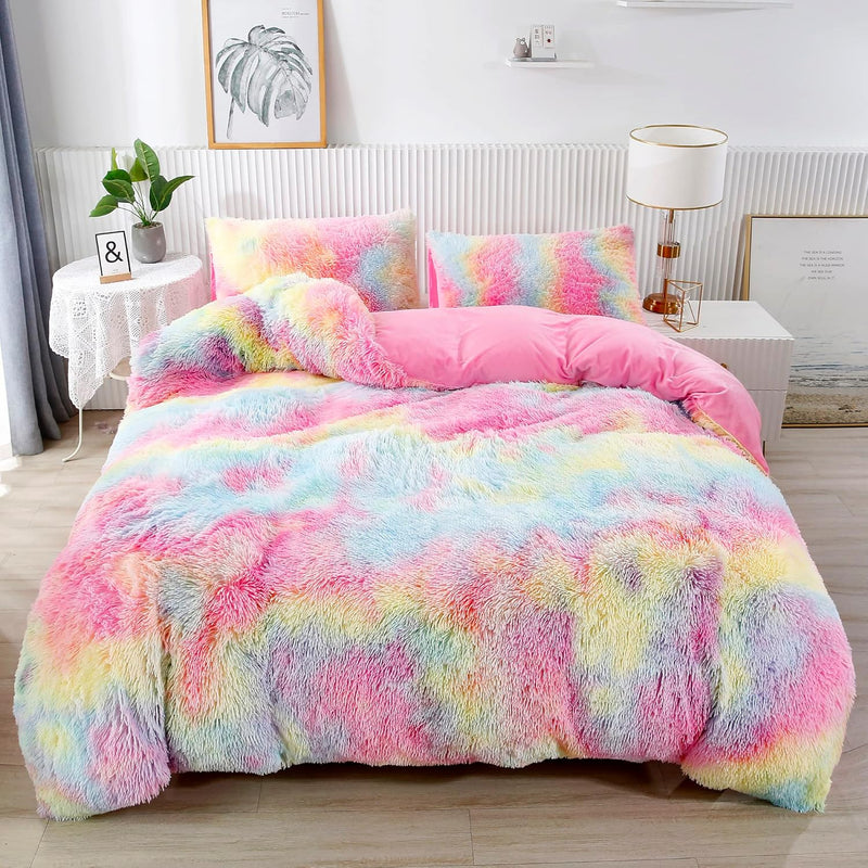 3Pcs Ultra Soft Long Hair Plush Shaggy Duvet Cover With Pillowcases, Colorful