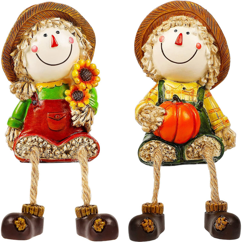 Fall Figurines, Set Of 2 Resin Scarecrow Shelf Sitters With Dangling Legs, Fru
