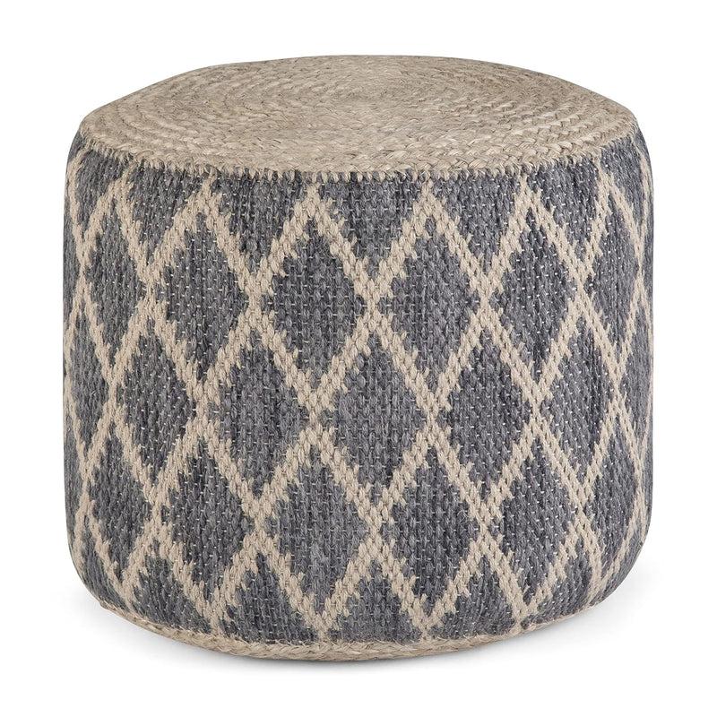 Edgeley Round Pouf, Footstool, Upholstered In Grey, Natural Woven Braided Jute