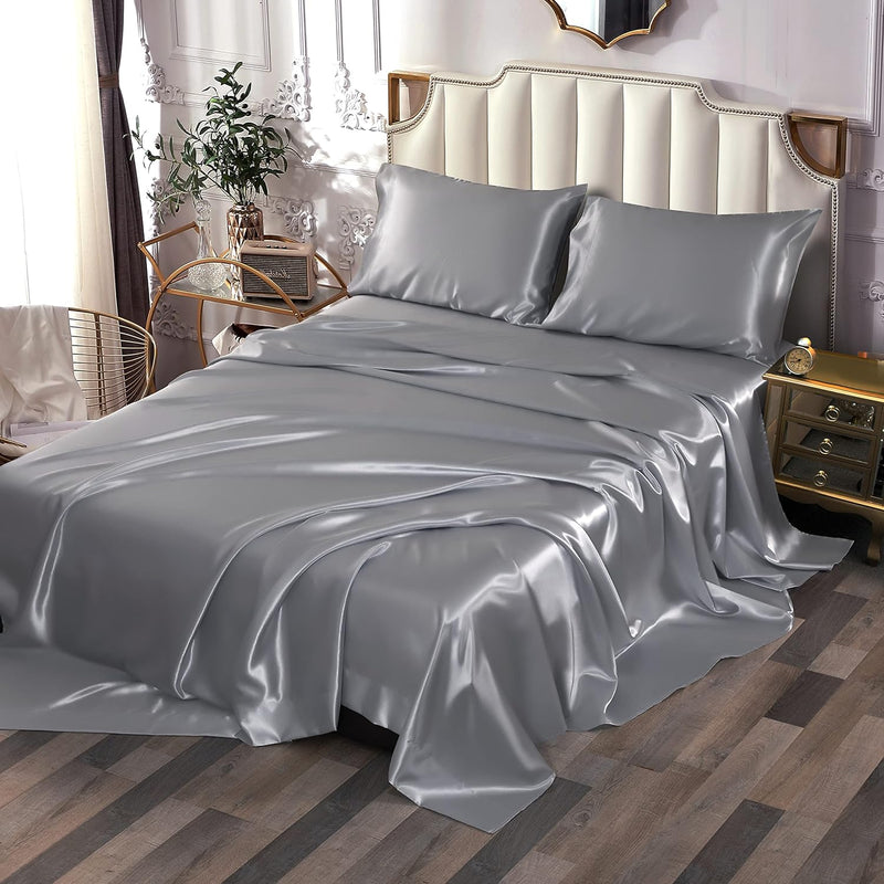 Gray Satin Sheets 4-Pieces Queen Silky Sheets Microfiber Bed Sheet Set With 1