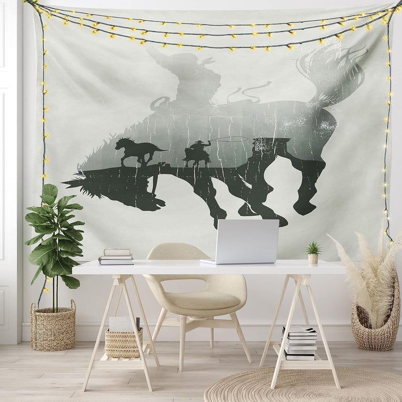 Western Tapestry Twin Size, Western Theme Cowboy Chasing Wild Horse In The Des