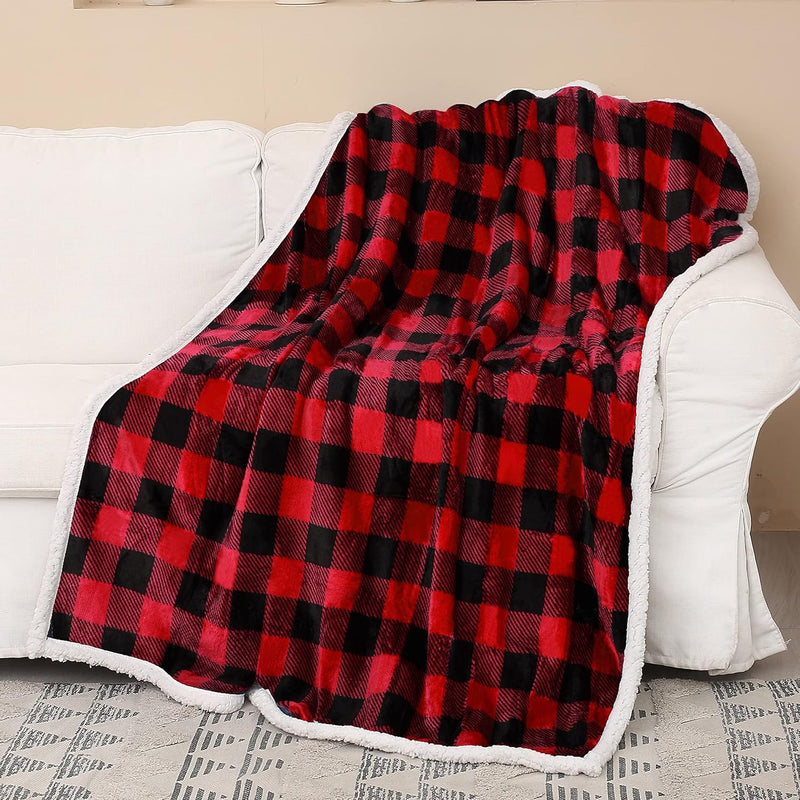 Buffalo Plaid Sherpa Throw Blanket, Red Black Checkered Holiday Throws For Cou
