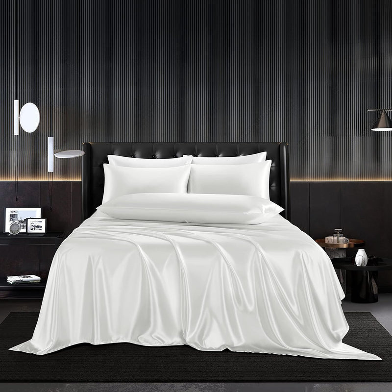 5Pcs Satin Sheets Set Full Size Satin Sheets White Silky Sheets Breathable Lux