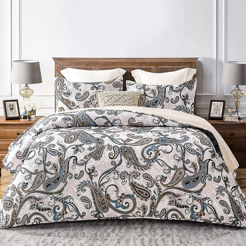 3-Piece Printed Queen Size Quilt Bedding Set With 2 Pillow Shams Lightweight R