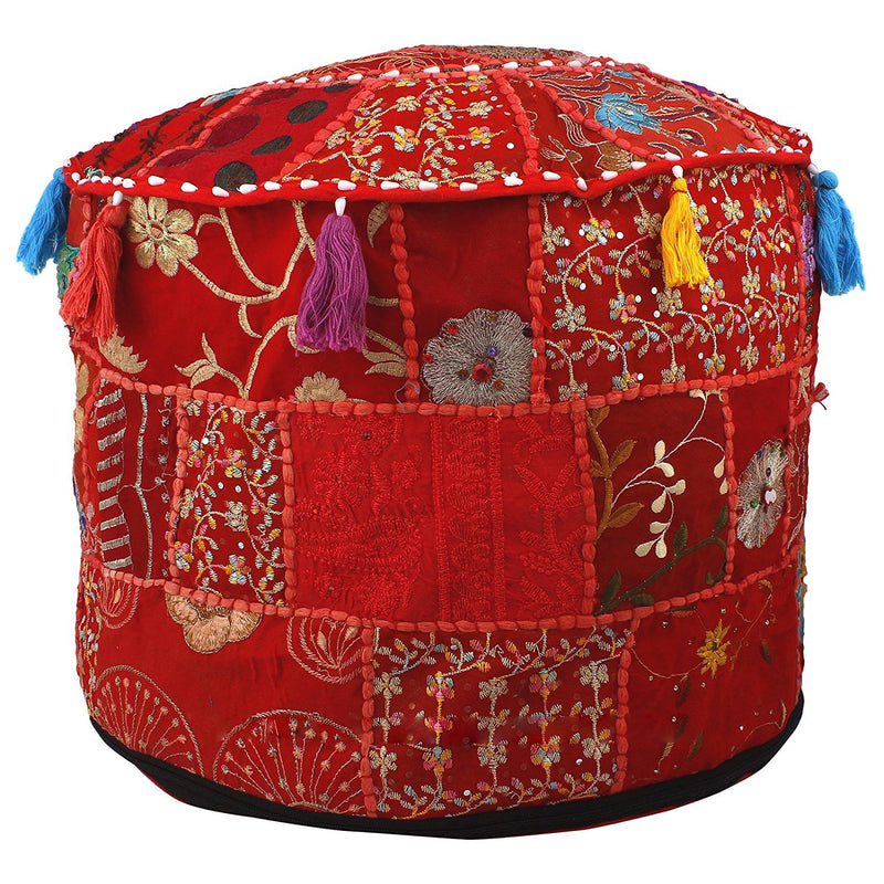 Indian Pouf Footstool Ethnic Embroidered Pouf Cover, Indian Cotton Round Pouff
