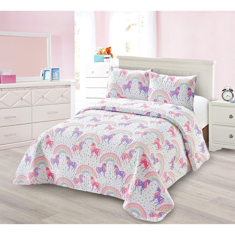 Collection Bedspread Coverlet Kids/Teens Unicorn Stars Hearts Rainbow White Pi