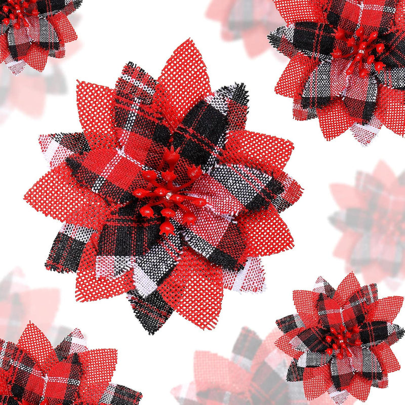 Red And Black Plaid Poinsettia Christmas Tree Ornaments Plaid Poinsettia Flowe