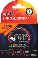 MyONE Custom Fit Larger Sized Condom Sampler | Tailored Width & Length | Max Pleasure | Triple Tested Softer Latex | Lubricated | Nontoxic, Vegan, Non-GMO | Features 3 Large Sizes to Try