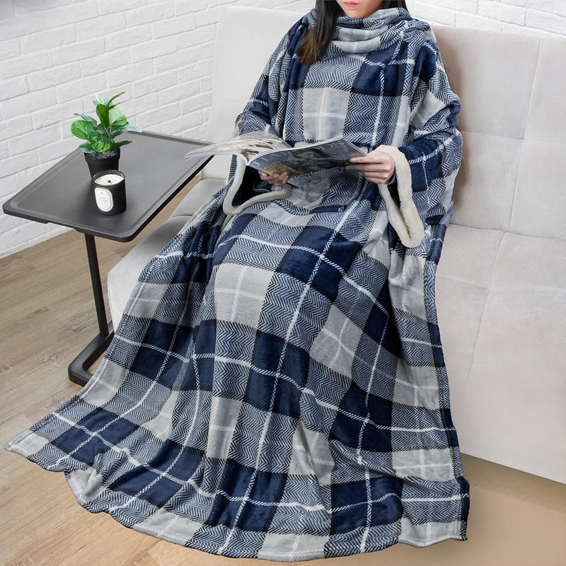 Deluxe Fleece Blanket With Sleeves For Women Men Adult, Wearable Blanket Warm