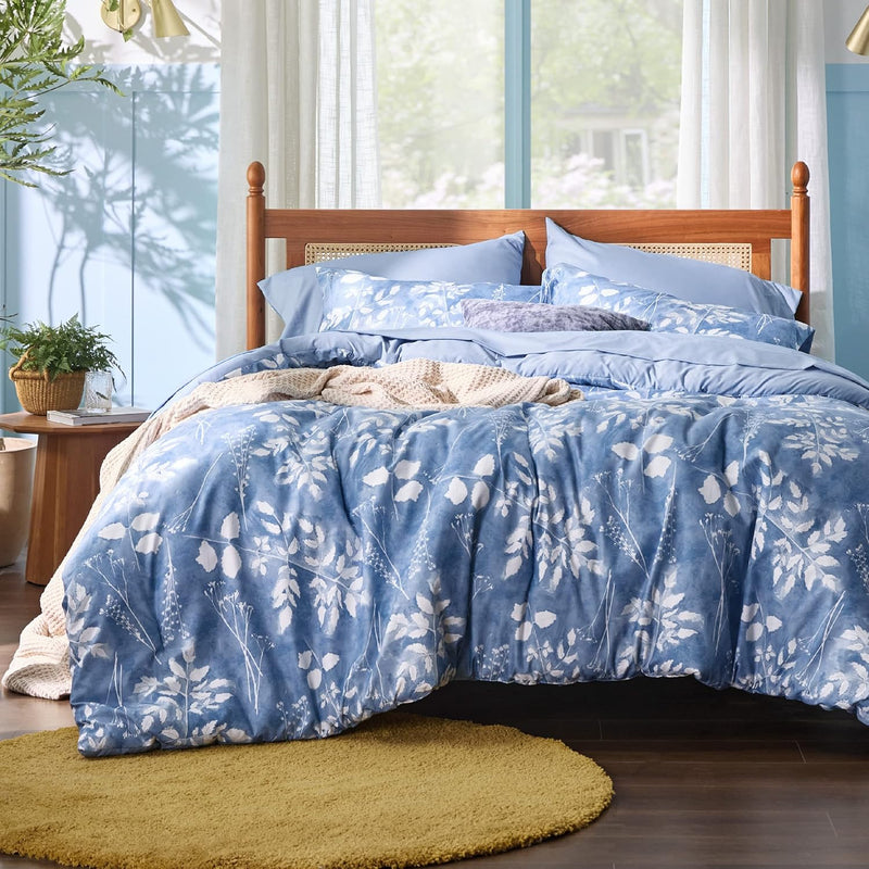 Queen Comforter Set - 7 Pieces Blue Floral Bedding Sets Queen Bed In A Bag Wit