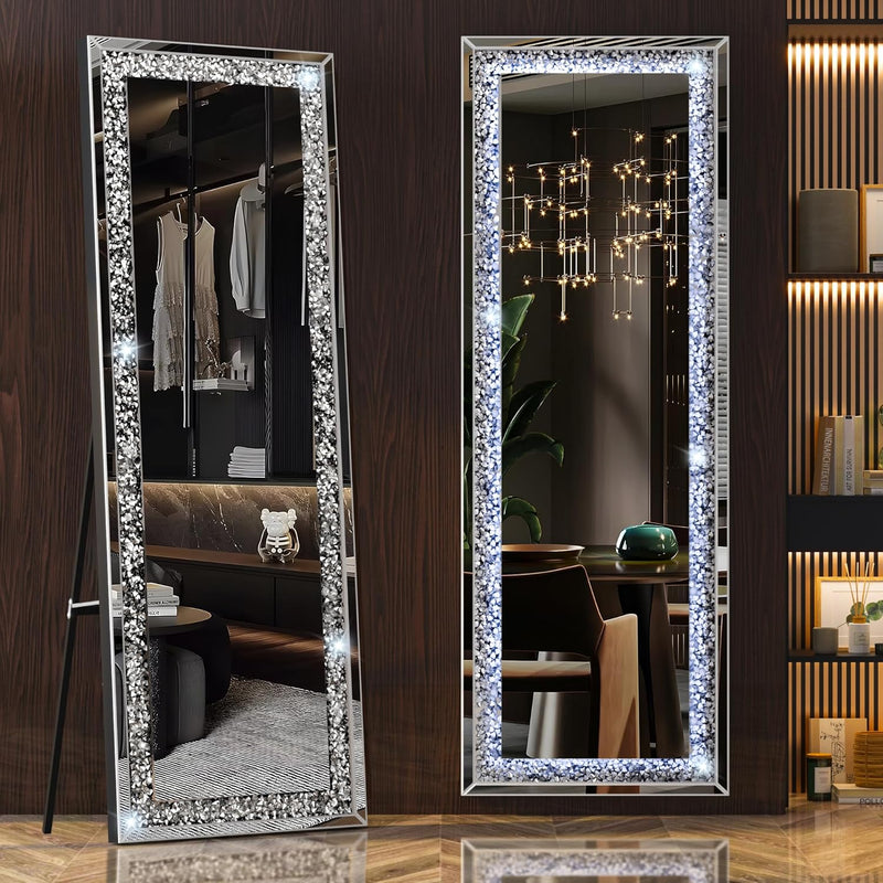 Full-Length Mirror 63”×20” With Lights And Crystal Crush Diamond, Wall Mounted
