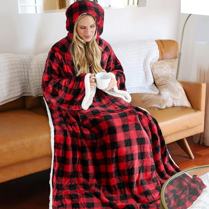 Red Buffalo Plaid Sherpa Hood Wearable Blanket For Adult Women And Men, Super