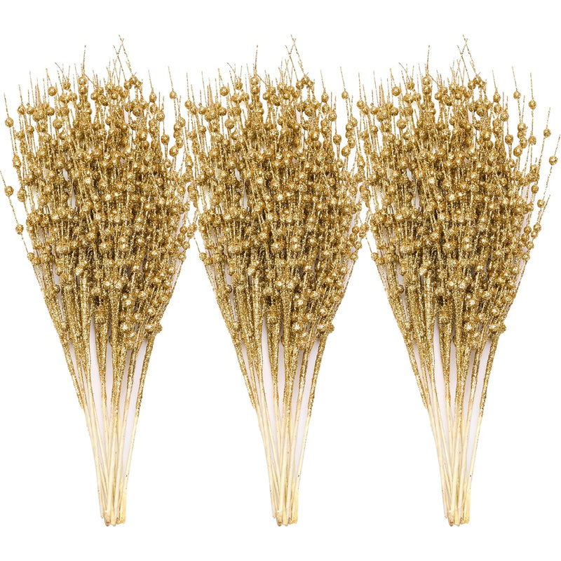 24 Pcs Christmas Tree Berry Stem (Gold), Decorative Bead Sticks, Glittery Twig