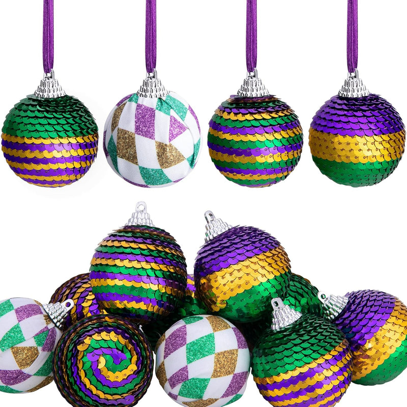 12Pcs Mardi Gras Ball Ornaments,1.96" Shatterproof Mardi Gras Sequin Hanging B