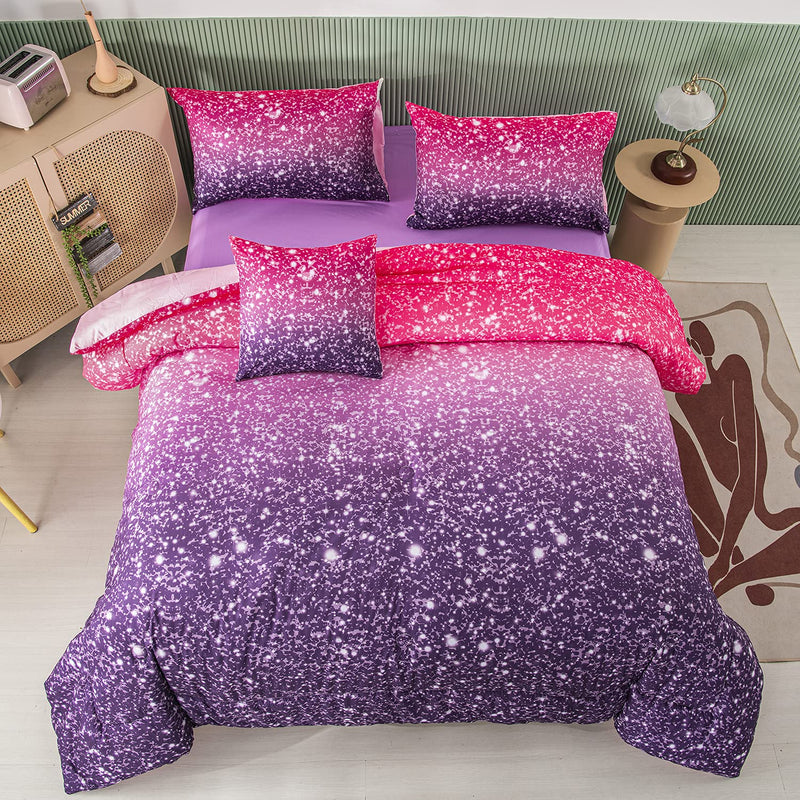 Purple Glitter Comforter Set Twin Size 6 Pieces Bed In A Bag For Teen Girls 3D