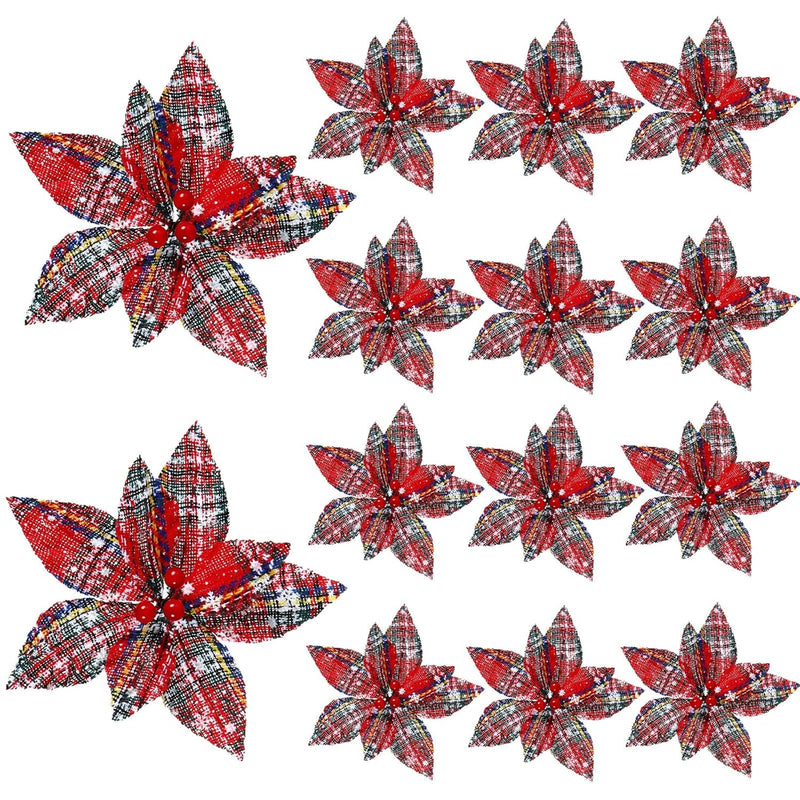 12 Pieces Christmas Plaid Poinsettias Artificial Xmas Poinsettias Flowers Orna
