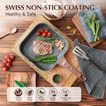 Nonstick Grill Pan for Stove Tops, Versatile Griddle with Pour Spouts, Square Big Cooking Surface, Durable Skillet Indoor & Outdoor Grilling. PFOA Free, 9.5 Inch