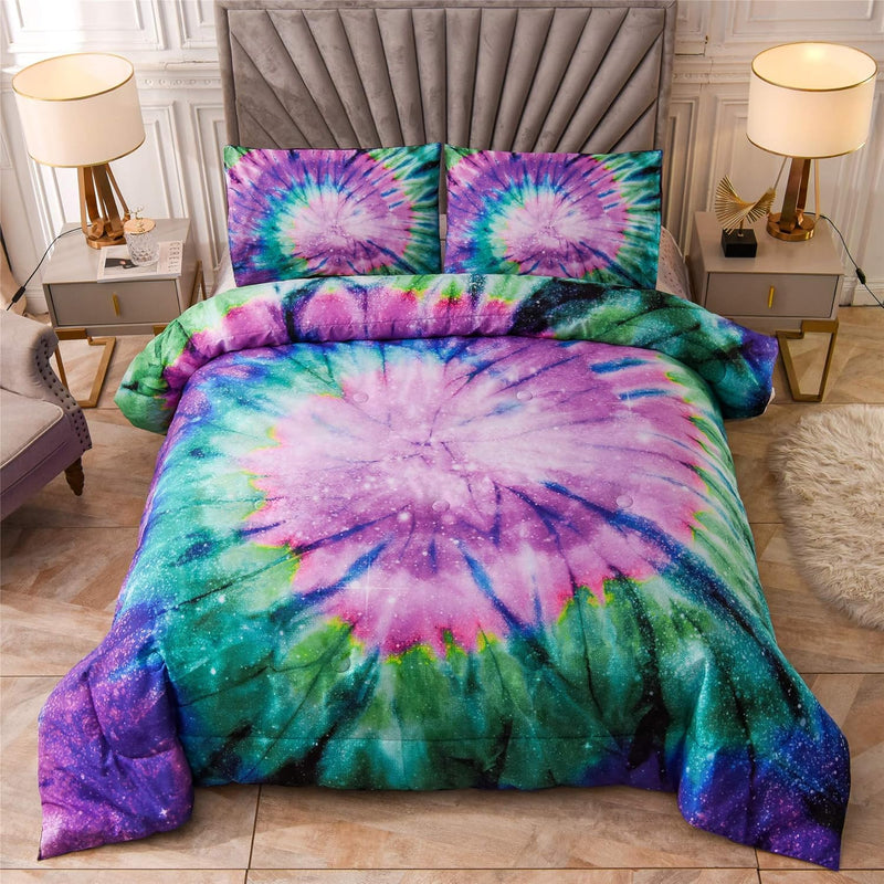 Bedding Tie Dye Galaxy Comforter Set , Psychedelic Swirl Pattern Colorful Boho