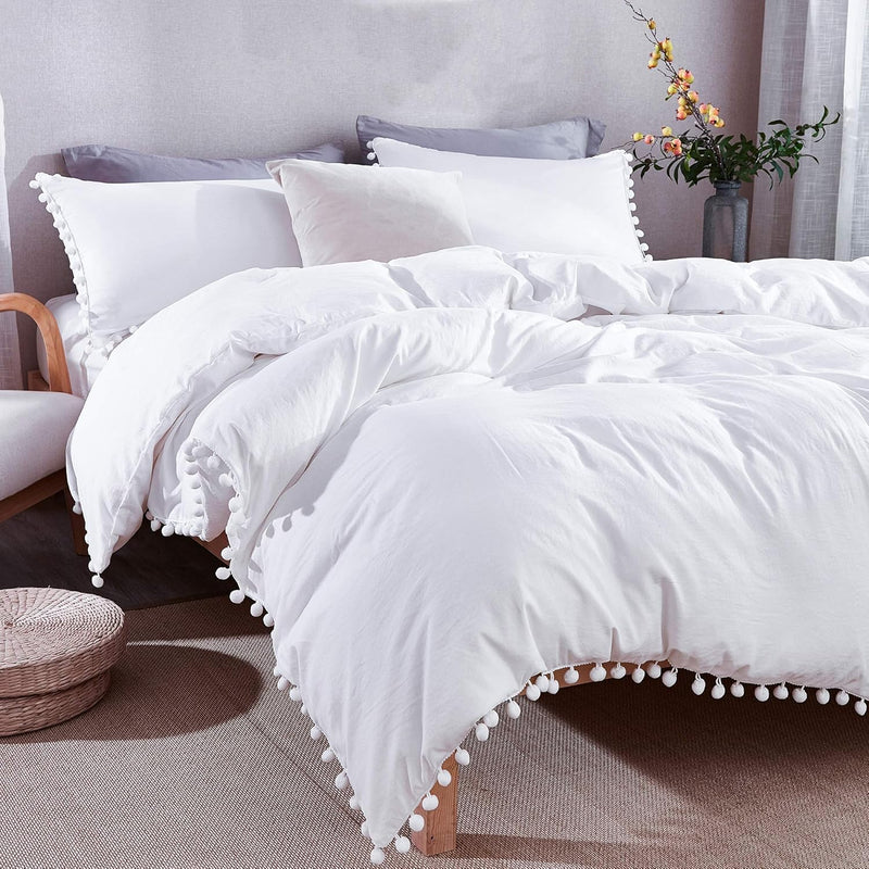 Pom Pom Fringe Duvet Cover Full Size (79X90 Inch), 3 Pieces (1 Solid White Duv