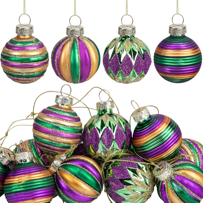 12 Pcs Mardi Gras Glass Ball Ornaments-1.5 Inch Mardi Gras Glitter Hanging Bal