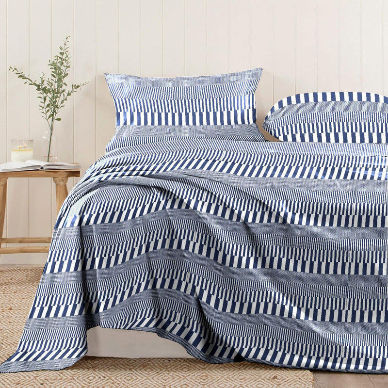 Cotton Navy Cascade Stripe Flat Sheets Queen Size 1 Pc Only, 100% Long Staple