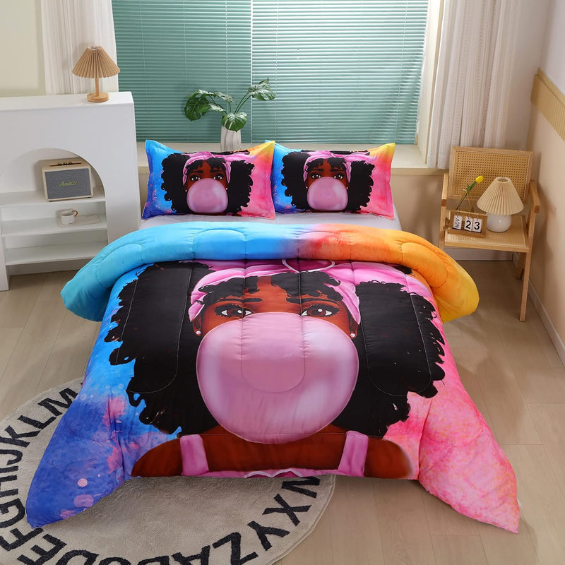 African American Black Girl Comforter Set For Kids And Adults, Queen Size Blac
