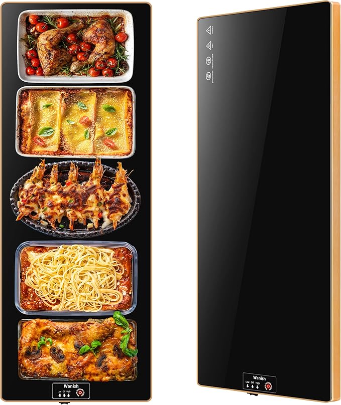 Electric Warming Tray（Extra Long 40”x12”），Food Warmer with Thermostat and Full Surface Heating，Food Warming Mat with 2 Temperature Modes for Parties Buffet，Gatherings，Gold Edge Warming Mat for Food