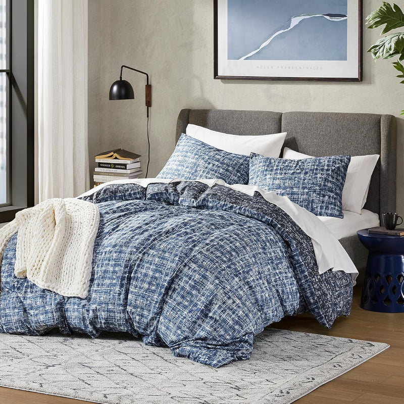 Full/Queen Comforter Set, Blue Modern Farmhouse Aesthetic Soft Bedding, Plaid