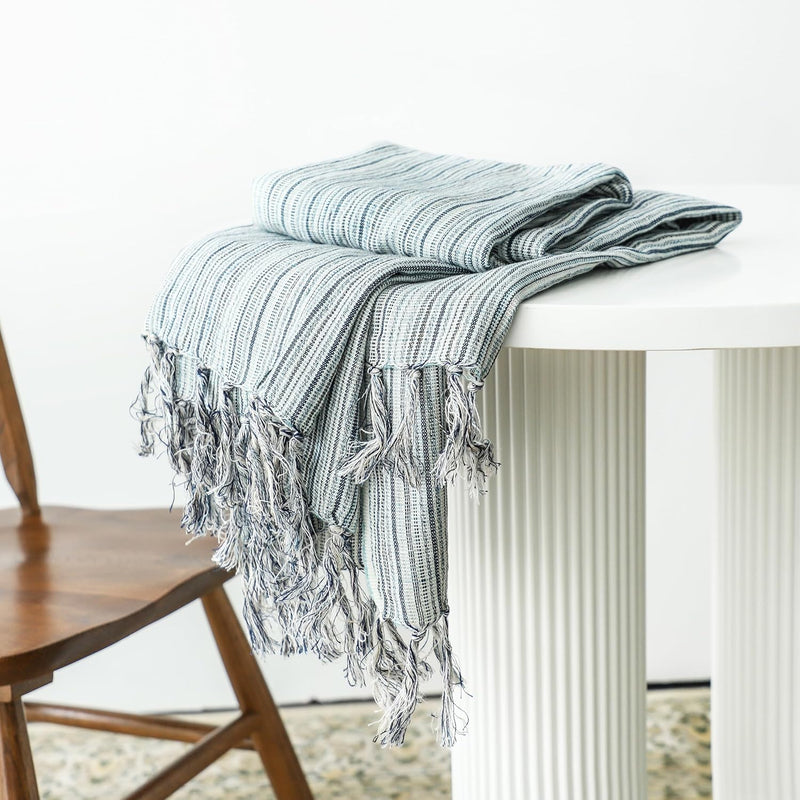 100% Linen Striped Throw 60''X70'' With Tassles, Decorative Fringe Boho Linen