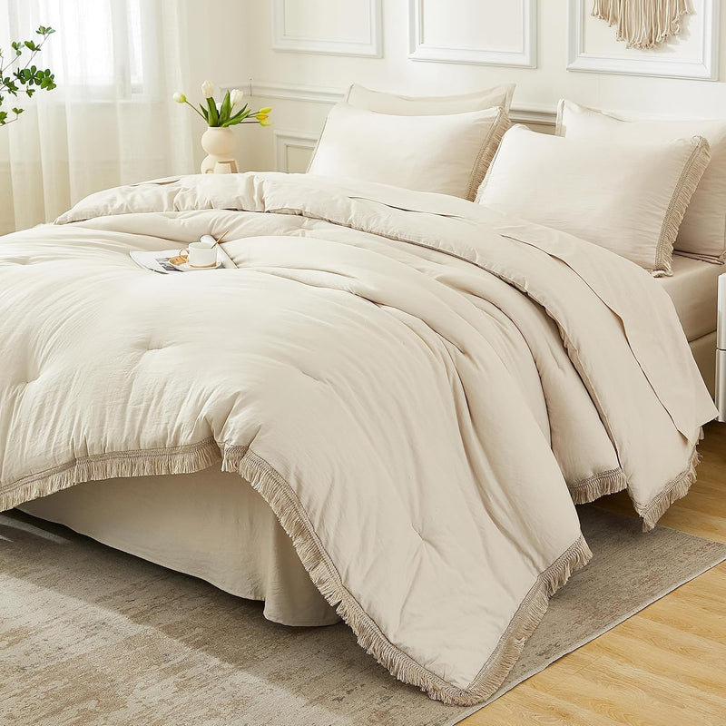 Beige Comforter Set Full Size With Sheets -7 Pieces Boho Tassel Bed In A Bag S