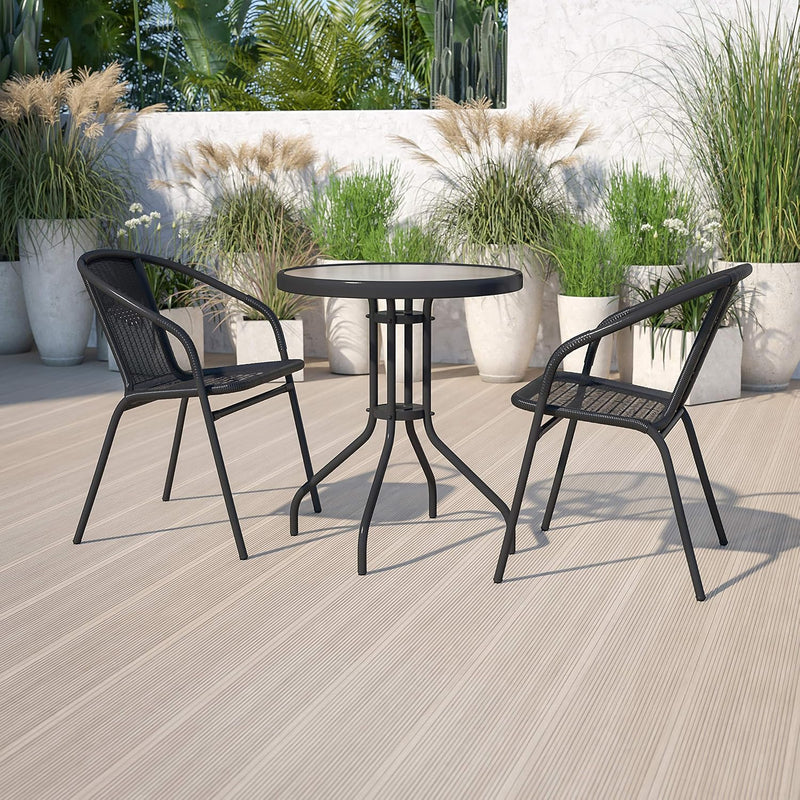 23.75'' Round Glass Metal Table With 2 Black Rattan Stack Chairs